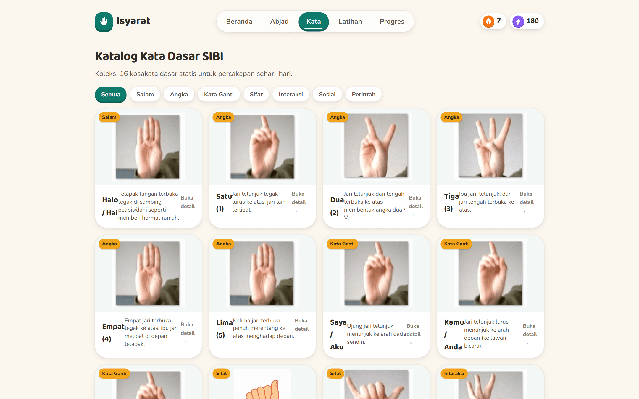 Katalog kata dasar SIBI CapSL dengan filter topik dan kartu foto isyarat