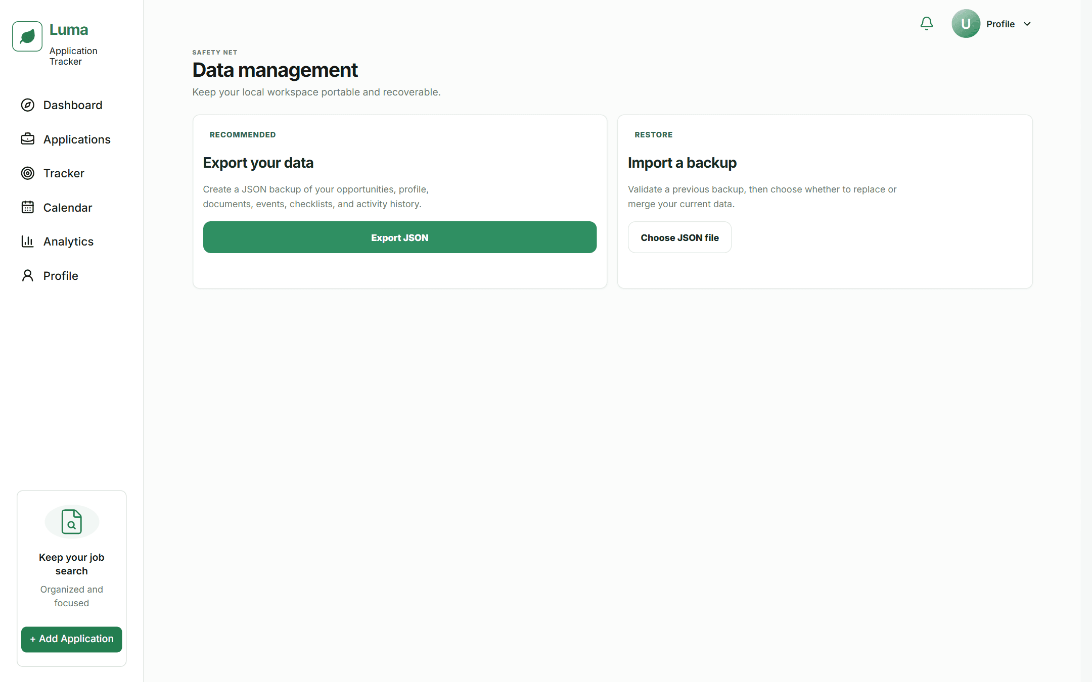 Luma data-management panel for exporting JSON and restoring a backup