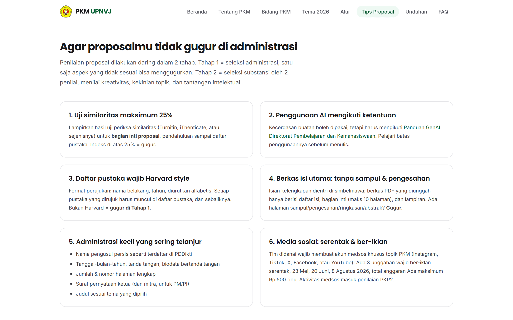 Halaman tips proposal PKM dengan kartu aturan administrasi, format, dan penilaian
