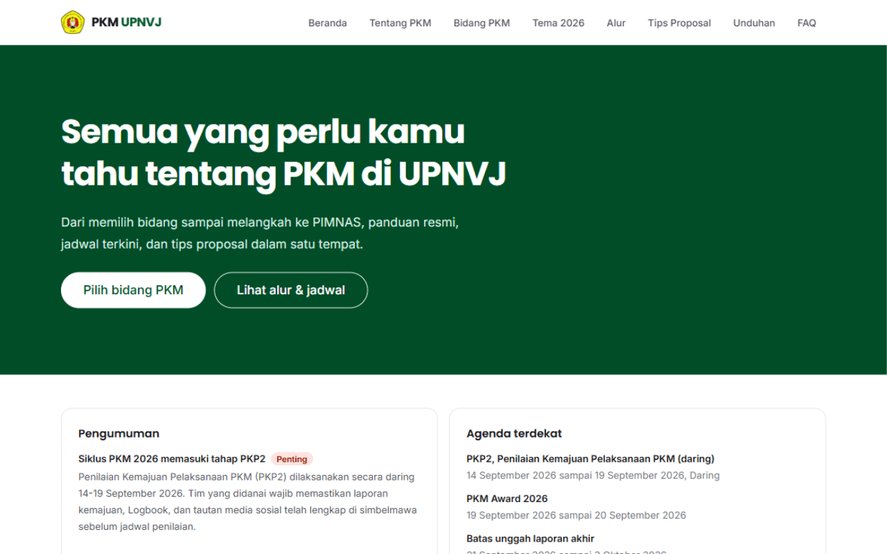 Screenshot of the PKM UPNVJ website homepage